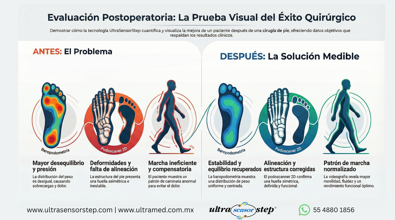 Evaluación postoperatoria mostrando evolución con baropodometría, podoscaner 2D y videografía de marcha
